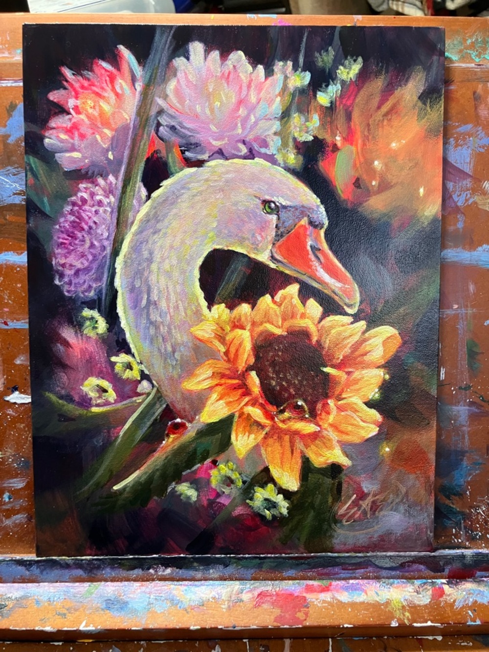 ORIGINAL Swan sunflower painting bird art floral bouquet surrealism Artwork USA